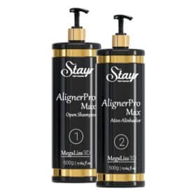 Kit Stay Tratamento Alinhador Capilar Doméstico com shampoo de limpeza profunda e ativo alisador.