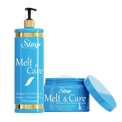 Kit Stay Tratamento Capilar Profissional com shampoo semi-hidratante e máscara de 500g para hidratação profunda.